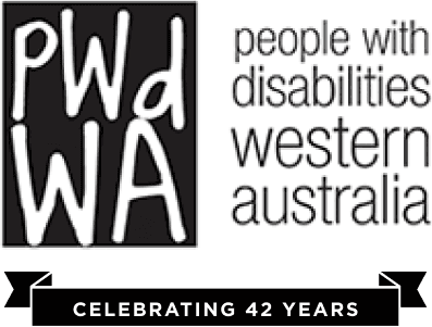 The logo for People With disabilities Western Australia, underneath is a ribbon that reads "Celebrating 42 years".