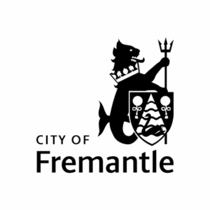 Logo of the City of Fremantle. The design features a black heraldic sea creature with a lion's head and a fish tail, holding a trident and a shield. The shield contains wavy lines representing water, with a black swan and two stylized keys. Below the image, the words "CITY OF Fremantle" are written in bold black text.