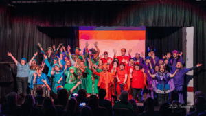 A large, diverse group of performers stands on a stage in brightly coloured costumes, arranged in rows and grouped by colour—blue, green, red, and purple. They are mid-performance with joyful expressions, hands raised in the air. The audience is seated in the foreground, and the background features a simple lit backdrop. Some performers use wheelchairs and mobility aids, highlighting an inclusive cast.