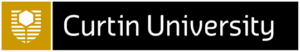 Curtin University logo. On the left is a gold square with a white shield made from white horizon lines and a hexagon. To the left is a black rectangle with white font reading Curtin University.