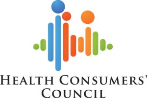 Logo of the Health Consumers' Council. The design features abstract human figures created using vertical bars and circles in blue, red, orange, and green, arranged in a way that resembles a soundwave or equalizer. Below the graphic, the words "Health Consumers' Council" appear in black serif font.