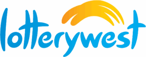 Lotterywest logo. With the word lotterywest in blue bubble font, darker blue on the left and getting lighter to the right. Yellow sunset symbol above the words. 