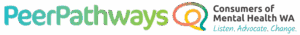 Logo for Peer Pathways, an initiative of Consumers of Mental Health WA. The text "Peer Pathways" is written in a gradient of blue to green, followed by a stylized speech bubble in gradient colors (red, orange, yellow, green, and blue). To the right, the text reads "Consumers of Mental Health WA" in dark grey, and below that, the tagline "Listen. Advocate. Change." in teal cursive font.